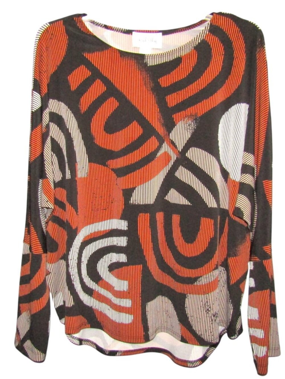 Joseph Ribkoff Geometric Stripes Long Sleeve Top US 10 Black Rust Beige Abstract